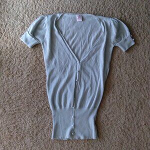 Gray Silver Sparkly V-Neck Puff Sleeve Buttoned Top with Cinched Hemline Size S